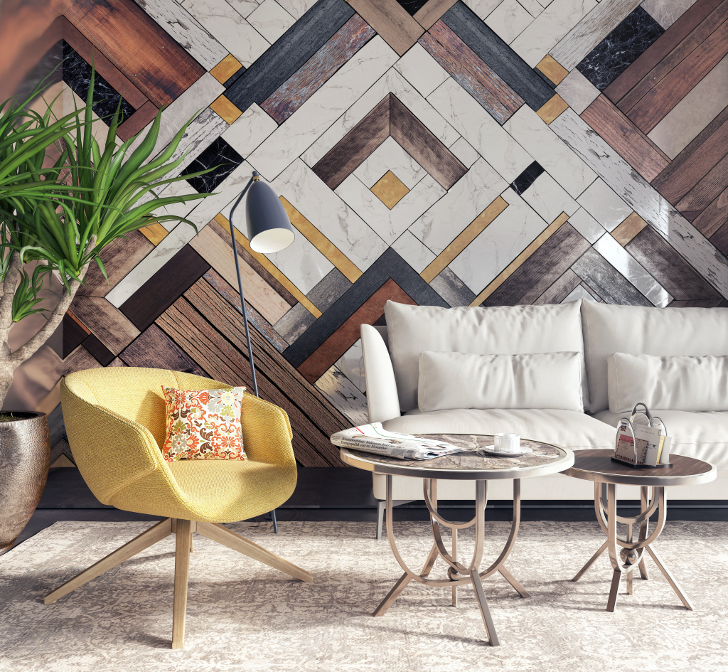 Geometric wooden wall murals create an interesting feature wall in any room